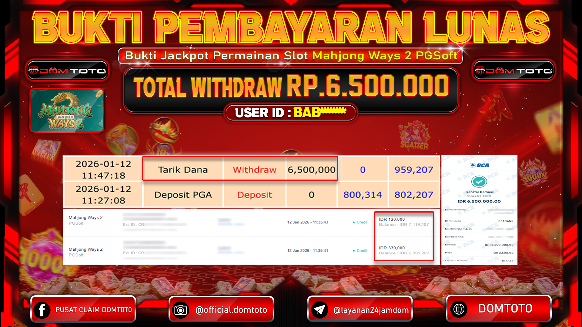 JACKPOT Slot Mahjong Ways 2 PGSoft  12 JANUARI 2026